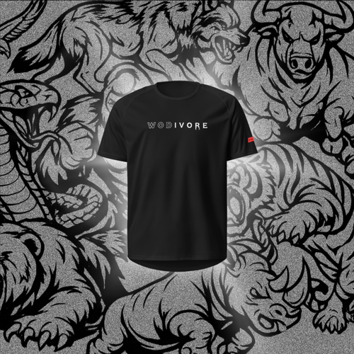WODIVORE ALPHA1 Performance T-Shirt in black with athletic fit and moisture-wicking fabric, suitable for training and workouts.