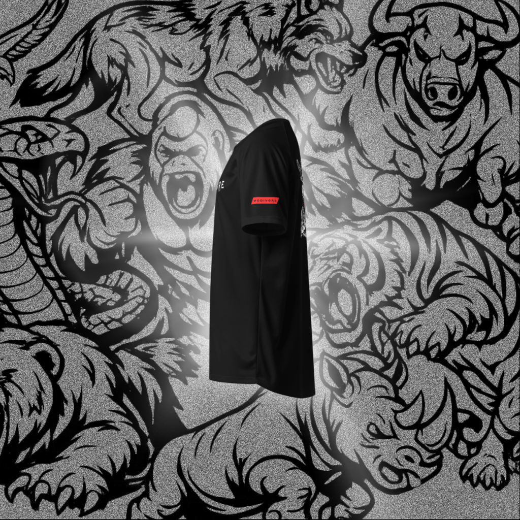 WODIVORE ALPHA1 Performance T-Shirt in black with athletic fit, featuring breathable fabric and stylish logo design.
